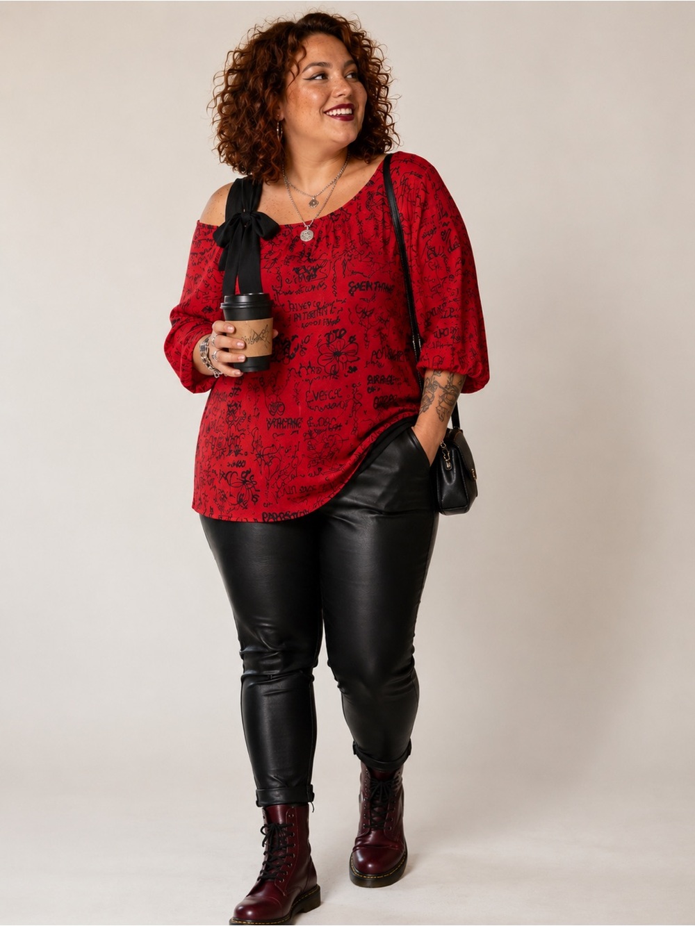 Torrid Red Graphic Tie Neck Blouse Size 1 Faces Script Print Plus Size Top